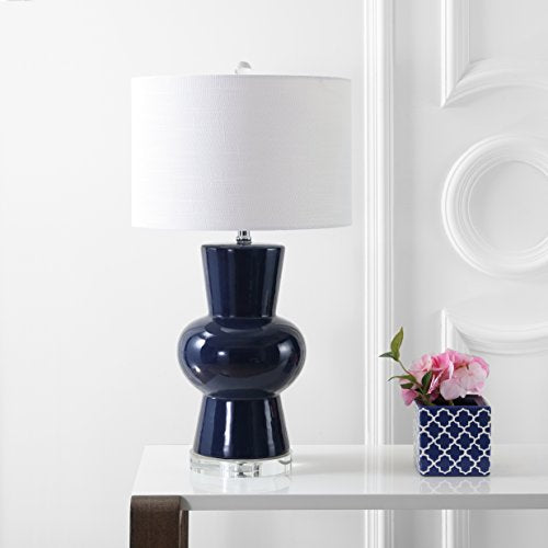 JONATHAN Y 28.5" Navy Ceramic Table Lamp for Living Room Bedroom Nightstand, Modern Hourglass LED Bedside Lamp with Crystal Base and Linen Shade (JYL4027B) - color: Navy