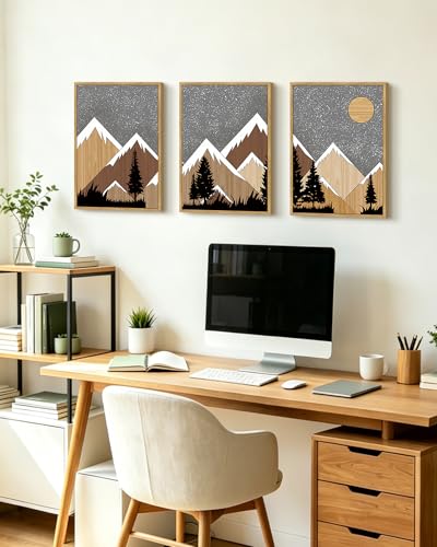 KUVIOKE Morden Mountains Framed Wall Art Boho Pine Tree Forest Nature Landscape Artwork Painting Bohemain Farmhouse Rustic Home Decor 12x16in (Natural Framed) - color: Wooden Mountain Night, size: 12 x 16in x 3 Panels Natural
