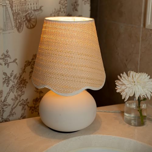 11" Small Mini Boho Table Lamp – Handmade Ceramic Cream Base with Scallop Woven Rattan Shade, Dimmable Plug-In Accent Light for Bedroom, Nightstand, Small Spaces, Kitchen Counter, Bookshelf - color: Airy Scallop Rattan Shade