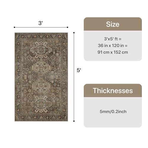 Bavni 3x5 Area Rug for Living Room Bedroom, Washable Boho Print Vintage Aesthetic Rug, Ultra-Thin Low Pile Rugs for Entryway Playroom with Non Slip Backing, Brown - color: Brown, size: 3' x 5' (Rectangular)