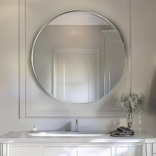 Sunniry Silver Round Mirror 18 inch, Silver Circle Mirror, Circle Bathroom Mirrors Metal Frame, Round Mirrors for Wall, Bathroom, Vanity, Bedroom. - color: Silver, size: 18"L x 18"W