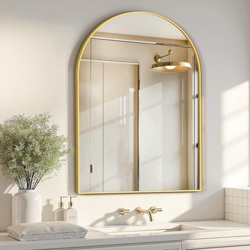Arched Bathroom Mirror for Wall, 38" x 26" Gold Metal Frame Vanity Mirror, HD Glass Over Sink for Bathroom, Entryway, Bedroom - color: Gold, size: 38"L x 26"W