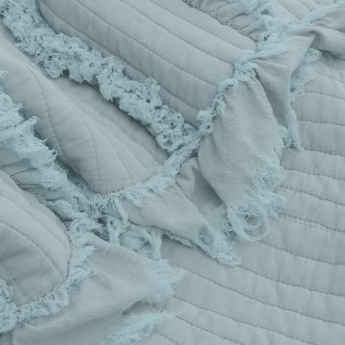 Ultra Soft Pre-Washed Warm Quilted Throw Blanket, Ruffle Fringed Blue Green Boho Decorative Throw, Stone Washed Chic Rustic Blanket for Sofa Couch Bed Chair, 50"x 60" - color: Blue Green, size: 50"x60"