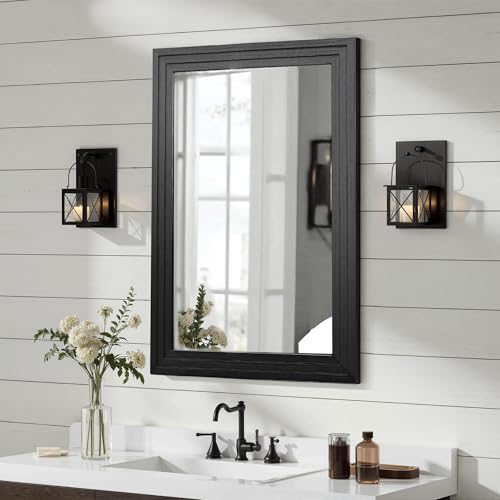 Wood Framed Mirrors for Wall, Black Bathroom Vanity Mirror for Over Sink 20 x 30, Vintage Wall Mirror for Bathroom Sink Hallway Entryway Bedroom Living Room Farmhouse Boho Style - color: Wooden Black, size: 30"L x 20"W
