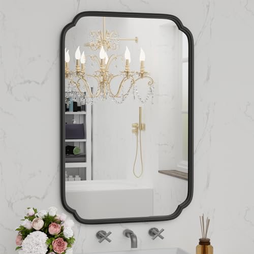 Ferytange Black Bathroom Vanity Mirrors for Over Sink 24" x 36" Modern Rounded Corner Rectangle Mirror with Non-Rusting Iron Metal Framed Wall Mounted Decorative Mirror (Horizontal/Vertical) - color: Black, size: 36"L x 24"W
