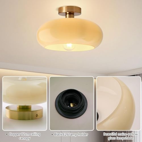 Gold Brass Flush Mount Ceiling Light Fixtures Mid Century Modern Ceiling Lights Brushed Milk Yellow Shade Glass Semi Flush Mount Light for Farmhouse Hallway Kitchen Sink Ceiling Lamp - color: Flush Milk yellow 2