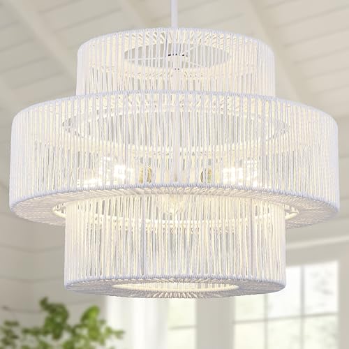 22" Farmhouse Rattan Chandeliers Large White Boho Light Fixtures for Dining Room Kitchen Island Living Room Foyer Hallway 5-Light - color: White, size: 22 Inch