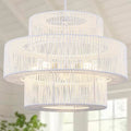 22" Farmhouse Rattan Chandeliers Large White Boho Light Fixtures for Dining Room Kitchen Island Living Room Foyer Hallway 5-Light - color: White, size: 22 Inch