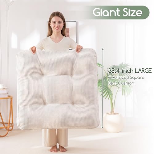 HIGOGOGO 35" Floor Pillow Cushion for Adults, Meditation Cushion Pillow, Extra Large Square Floor Sitting, Tufted Corduroy Cover for Tatami Living Room or Yoga, Beige - color: Beige, size: 4" Thick Square