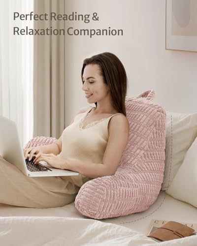 Blissful Diary Reading Pillow, Large Backrest Pillow with Shredded Memory Foam for Adult & Children, Designed for Bed and Couch Sitting Up, Includes Arms, Pockets and Washable Cover, Pale Pink - color: Textured Pale Pink, size: Large(20inch)
