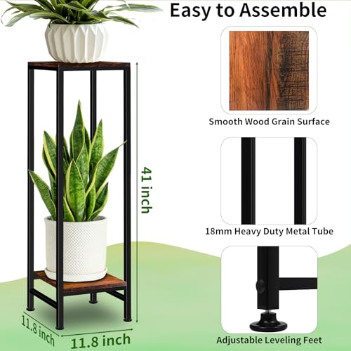 LUBORN 41" Tall Plant Stand Indoor, 2 Tier Plant stands for Indoor Outdoor Plants, Heavy Duty Flower Stand Metal Pedestal Stand Modern Display Rack for Living Room, Brown - color: brown, size: 41''