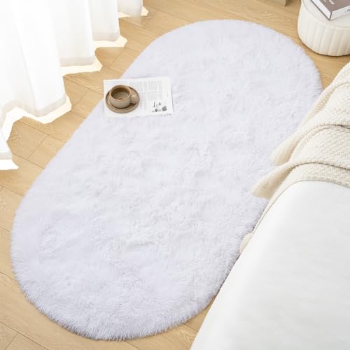 Goideal Fluffy Bedroom Rug, Small Oval Area Rugs, White Shag Bedside Carpet for Kids Room Nursery Dorm Cute Fuzzy Indoor Decor for Boy and Girl, 2.6 x 5.3 Feet - color: White