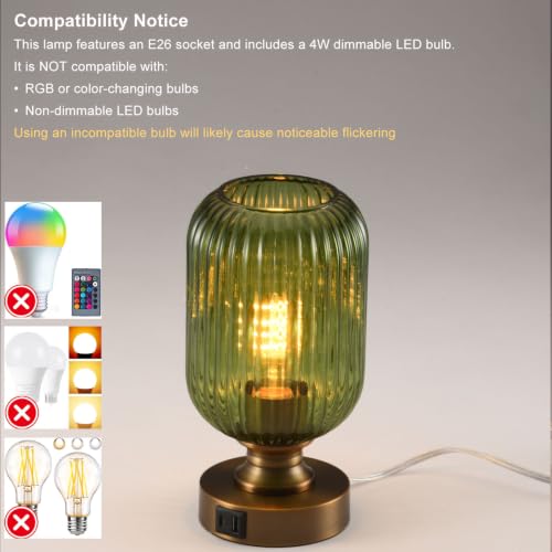 Mid Century Glass Table Lamp,Dimmable Desk Lamp,LED Bulb Included,Touch Control & USB A+C Port,Green Ribbed Glass - color: Green Ribbed, size: USB + Touch