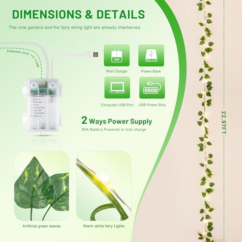 YOUNGAR Pothos Vines with Fairy Lights,Leaf String Warm White Lights Battery/USB Operated,23FT 73LED Fake for Bedroom Wall Room Wedding Birthday Garden Party Wall Room Decor - color: Pothos (Warm White), size: 73 LED-USB/Battery-Copper Wire-1Pack