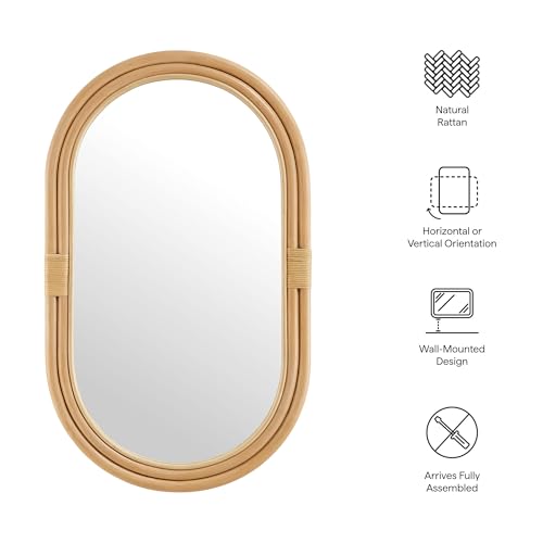 Modway Corsica Oval Rattan Wall Mirror in Natural with Natural Frame – Boho Coastal Hanging Accent Mirror for Bathroom, Bedroom, or Entryway