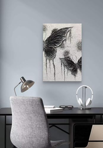 Boiee Art,24x36Inch Textured Hand Painted Vintage Butterfly Art Gothic Style Moth Artwork Elegant Abstract Wall Art Oil Painting Wood Inside Framed Ready to Hang - color: Coal black & White, size: 24"L x 36"W