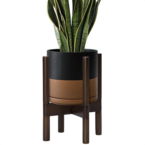 D'vine Dev Ceramic Planter with Walnut Color Stand - 8 Inch Modern Round Flower Pot with Wood Planter Holder, Black/Speckled Tan, 55-B-Y-7 - color: Black/Speckled Tan Pot + Walnut Color Stand, size: 8 Inch
