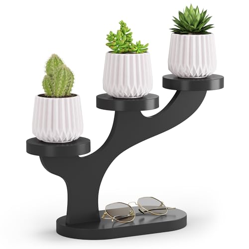 Bamboo Tabletop Plant Stand Indoor, 3 Tier Wood Desktop Small Plant Shelf Window Sill Flower Holder Mini Tiered Plant Display Rack for Patio Balcony Living Room Decor (black)