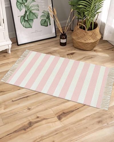 Pink Stripes Bathroom Rug 2'x3', Woven Cotton Area Rug with Tassels Washable Front Door Rugs, Farmhouse White Simple Vertical Striped Non Slip Throw Runner Rug Carpet for Entry Laundry Kitchen - color: Pink, size: 2 x 3 ft
