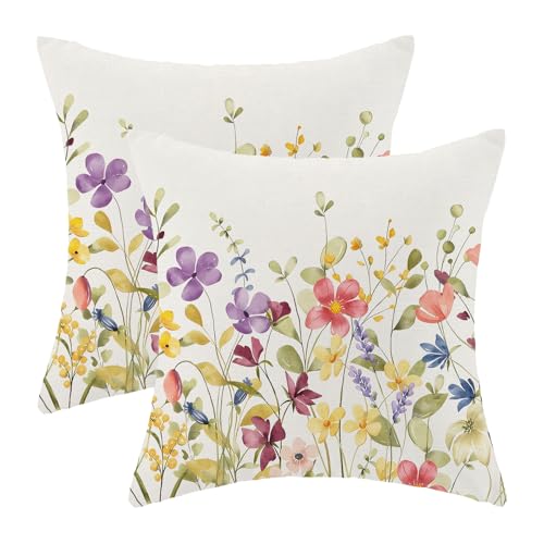 AEIOAE Spring Pillow Covers 16x16 Inch Set of 2, Colorful Wild Flower Leaves Plant Throw Pillows Case,Seasonal Floral Outdoor Decorative Farmhouse Decor Cushion Covers for Home Sofa Bed Couch - color: Colorful Wild Flowers, size: 16" x 16" (Pack of 2)
