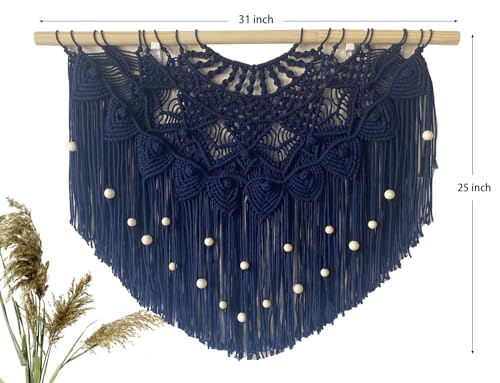 Youngeast Large Macrame Wall Hanging Boho Beaded Curtain for Window Macrame Bedroom Headboard Living Room Wall Art Tassel Tapestry Bohemian Woven Wall Decor 31" W X 25" H (Navy) - color: Navy