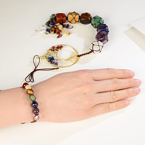 1 Set of Tree of Life Ornament and 7 Chakra Bracelet Healing Crystals Feng Shui Hanging Ornament 7 Chakra Wall Ornament