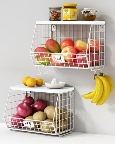 Goozii Wall Mount Bathroom Storage Basket, Fruit Produce and Vegetable Baskets for Kitchen Counter, Hanging Wire Storage Basket for Laundry Room Bedroom Closet Pantry Boys Girls Room (White) - color: White + White Wood