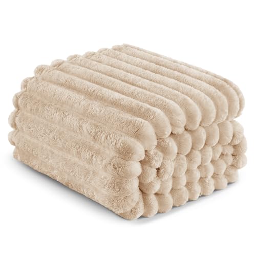 Exclusivo Mezcla Queen Size Flannel Fleece Blanket, Super Soft Striped Jacquard Bed Blanket, Lightweight Fuzzy Cozy for All Seasons, 90x90 Inches, Beige - color: Beige, size: Queen ( 90x90 IN )