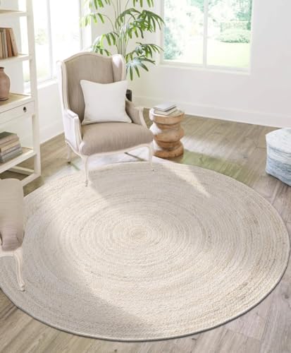 FRELISH DECOR Handwoven Jute Area Rug - Off-White Round Rustic Vintage Braided Reversible Rug - Eco Friendly Rug for Bedroom - Kitchen - Living Room - Farmhouse (8' Round - Off-White) - color: Off-white, size: 8' (Round)