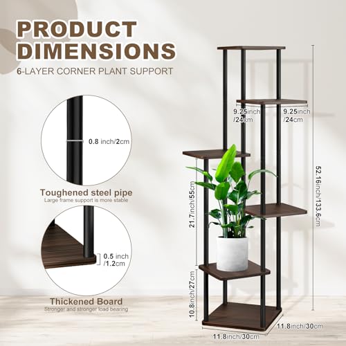 6 Tier Plant Stand Indoor, Thickened Metal Wood Corner Plant Shelf Stands for Multiple Plants, Indoor Tall Plants Stand Tiered Flower Holder for Living Room Patio Garden Balcony(Black+Oak) - color: Black+Oak, size: 6 Tier