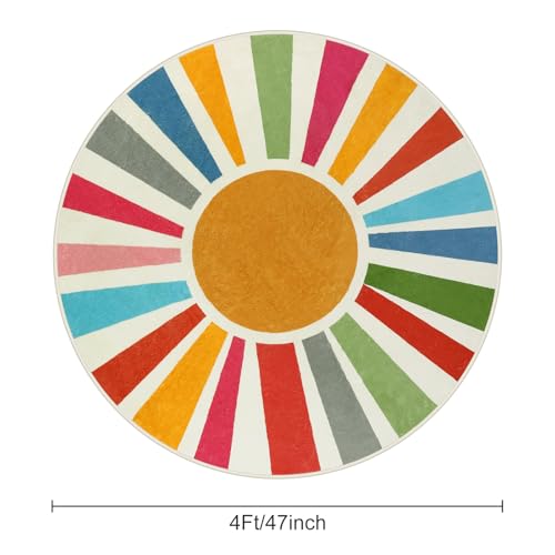 STARUIA Small Round Rug 4 Ft Washable Round Rug for Kids Room, Colorful Sun Circle Rug for Playroom, Non-Slip Circular Office Carpet Soft Rainbow Rug for Bedroom Reading Corner Dorm - color: Colorful, size: 4'x4'