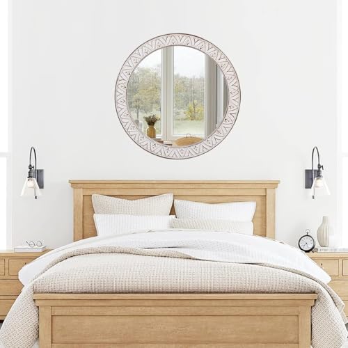 Rustic Round Wood 36 Inch Farmhouse Mirror, Wall Mount, Framed, White, Flower White, Modern & Rustic Style, Decorative Wall Mirror for Living Room, Bedroom, Entryway, Bathroom - color: Flower White, size: 36"L x 36"W