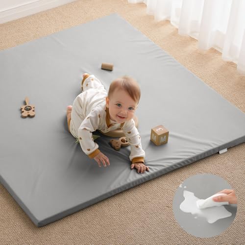 Blissful Diary Vegan Leather Baby Play Mat, 47x47 Thicken Foam Cushioned & Waterproof Playpen Mat for Infants and Toddlers, Stylish and Just Wipe-Clean Playmat for Baby Play on Floor, Light Gray - color: Light Gray, size: 47" X 47"