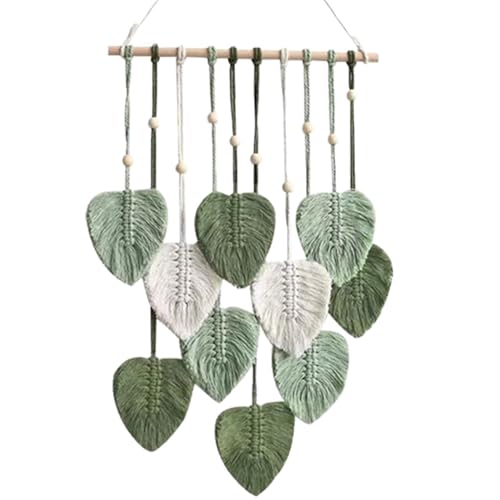 LB Macrame Wall Hanging Decor, Boho Chic Feather Wall Decor Macrame Photo Wall Hanging Handmade Yarn Woven Wall Art Green Leaf Tapestry for Bedroom Living Room Nursery Office Backdrop, 16x35 Inch - color: Green