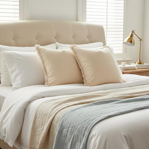 Sunday Praise Set of 2 Linen Fringe Decorative Pillow Covers 18x18 Inch Farmhouse Accent Boho Throw Pillow Cases with Tassels Cozy Soft Square Cushion Covers for Couch Sofa Bed Home Decor,Beige - color: Beige, size: 18" x 18" (Pack of 2)