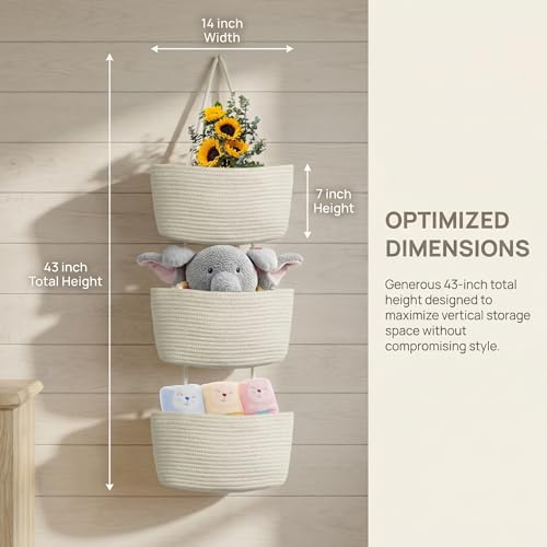 White 3-Tier Woven Cotton Rope Hanging Basket, Over the Door Organizer, Adjustable Detachable Wall Basket with Metal & Adhesive Hooks, No Drilling for Kitchen, Pantry & Fruit Produce Storage - style: White