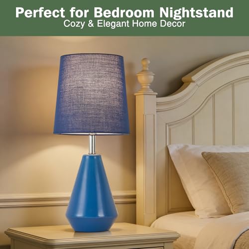 Small Bedside Table Lamp for Bedroom - Reading Desk Lamp with 3 Color Temperatures，15.5" Nightstand Ceramic Lamp with Fabric Shade for Kids Room,Living Room,Dorm,Home Office (Blue) - color: Blue, size: 15.5"
