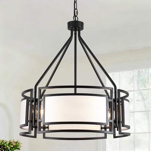 20'' Black Drum Chandeliers, 5Lights Black and White Drum Chandelier Modern Industrial Pendant Light Fixture, Adjustable Fabric Chandelier for Dining Room Kitchen Island Living Room Foyer E26 - color: 20InchBlack
