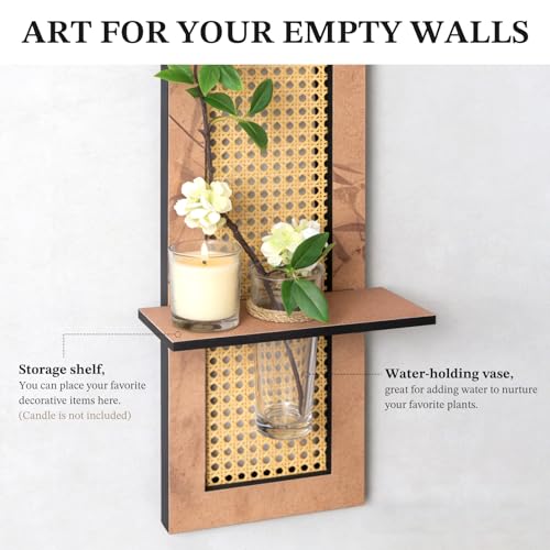 YOOSART 8" x 47" Boho Vertical Rattan Wall Art with Water Vase Stand, Neutral Style Wall Planter Decor with Artificial Floral Accents, Tall Narrow Wall Decor for Living Room, Entryway (Bamboo Weaving)