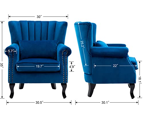 Kmax Blue Accent Chair Velvet Wingback Chair with Pillow Nail-Head Channel Tufted Oversized Club Chair for Living Room Bedroom Guest Room - color: Blue