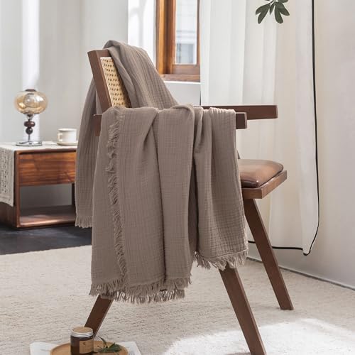 FOSSA Muslin Blanket with Fringe - 4-Layer 100% Cotton Gauze Super Soft & Breathable Throw -Lightweight Decorative Cooling Blanket for Bed, Sofa, Office (Pale Brown, Throw XL (50" × 70")) - color: Pale Brown, size: Throw XL (50" × 70")