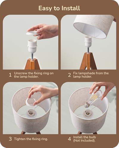 EDISHINE Tripod Table Lamp, Small Cute Bedside Lamp with Linen Beige Lampshade, Nightstand Lamp for Nursery, Bedroom, Kid Room, Living Room, Light Brown Wooden Base, E26 Socket, 14.2 Inch - style: Bohemian