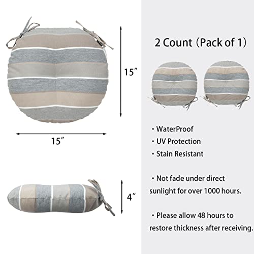 Bistro Chair Cushions 15 inch,Set of 2,Tufted Round Chair Cushions with Ties,15"x15"x4",Water Resistant Round Seat Cushion for Barstool Chairs,Patio Garden Kitchen Outdoor Furniture(Gray Stripe) - color: Gray Stripe, size: 15"x15"