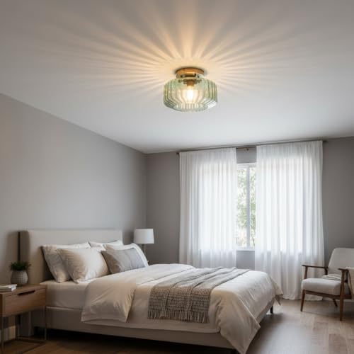 Sage Green Ribbed Glass Semi-Flush Mount Ceiling Light, 8.66" Mid-Century Modern Gold Light Fixture, E26 Base 1-Light Ceiling Lamp for Bedroom Bathroom Kitchen Hallway - color: Small, 8.66" Mint Green