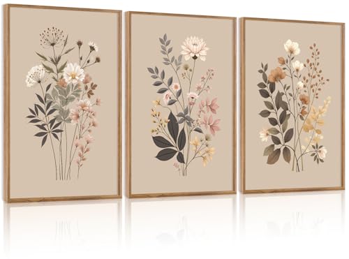 CHDITB Botanical Flower Framed Canvas Wall Art Set Of 3, Modern Nature Wildflower Wall Decor, Rustic Floral Wall Painting, Vintage Flowers Art Prints For Bedroom Living Room Office Decor (12X16 Inch) - color: Floral wall art 3