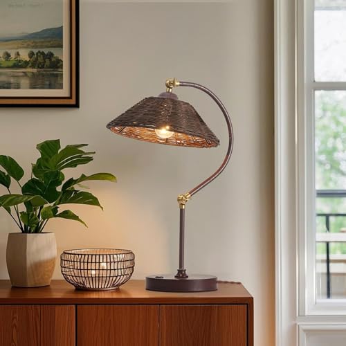 2 Pack Woven Rattan Table Lamp, Boho Plug in Handmade Rattan Shade & Anti-Rust Iron Base Desk Lamp, Plug & Play Vintage Dark Brown Bedside Lamp for Living Room, Office, Bedroom 【Bulb Included】