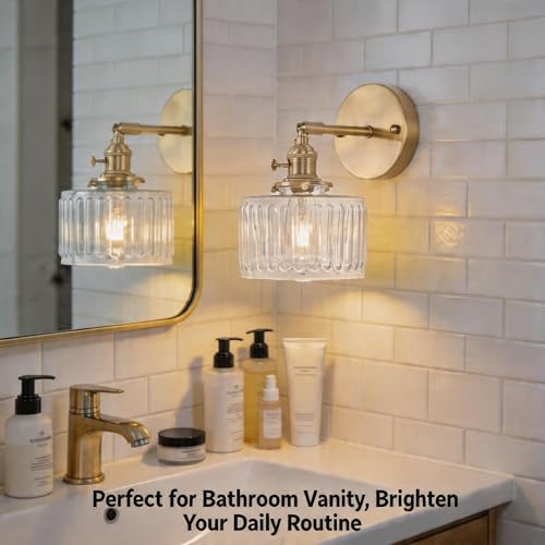 2 Pack Vintage Wall Sconces, Striped Glass Shade Wall Lamp with 2 Natural Light Bulbs, Hardwired Design with Rotary Switch, Decorative Light for Bedroom Hallway Living Room - color: Clear 2pcs Ribbed Glass Wall Light