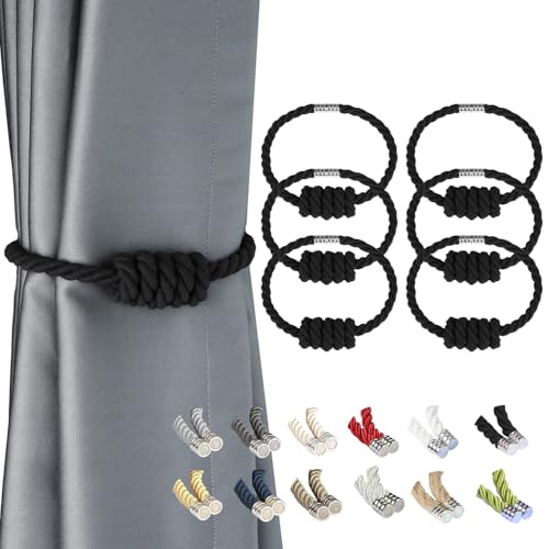 BEL AVENIR Magnetic Cotton Curtain Tiebacks, Decorative Drapery Holdbacks Modern Woven Tie-Backs with Exquisite Knot (Black Cotton, 6 Pack) - color: Black Cotton, size: 6 Pack