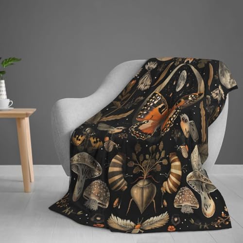 Orange Butterfly Moon Flower Throw Blanket, 320gsm Boho Mushroom Blanket Fluffy Cozy Soft Warm Plush Decorative Gifts for Women Men Kids, Blankets Quilt for Bed Sofa Chair Couch (50"x40") - color: Mushrooms Butterfly, size: 50"x40"