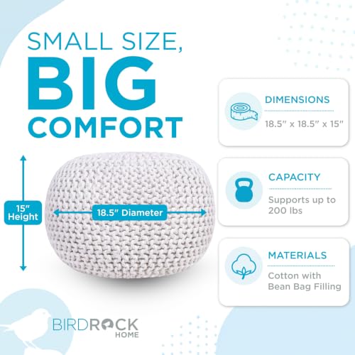 BIRDROCK HOME Round Pouf Ottoman Foot Rest - 18.5”x18.5”x15” Boho Compact Comfortable Soft Cotton Braided Foot Stool with Bean Bag Filling for Living Room, Bedroom, or Nursery (Ivory) - color: Cream